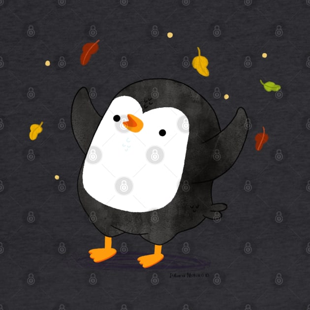 Penguin having fun with autumn leaves by thepenguinsfamily